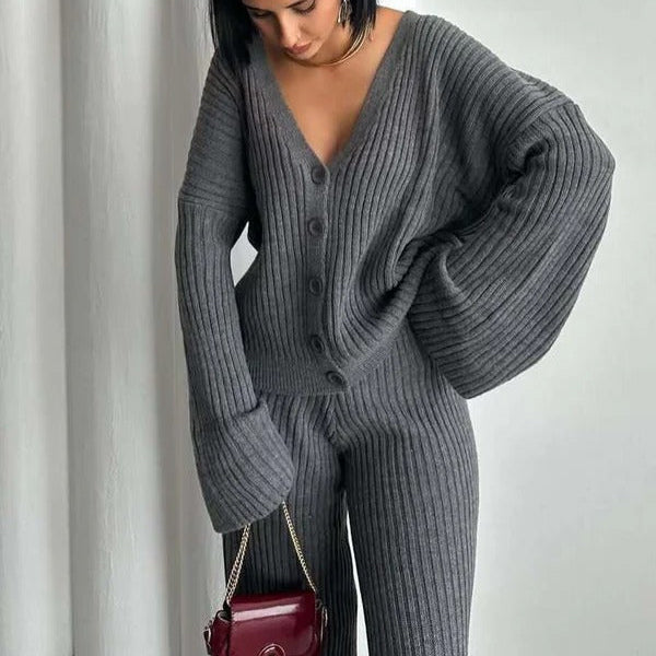 Stilla | Loungewear Sæt Strikket Ribstruktur Oversize Pasform Bredde Ærmer