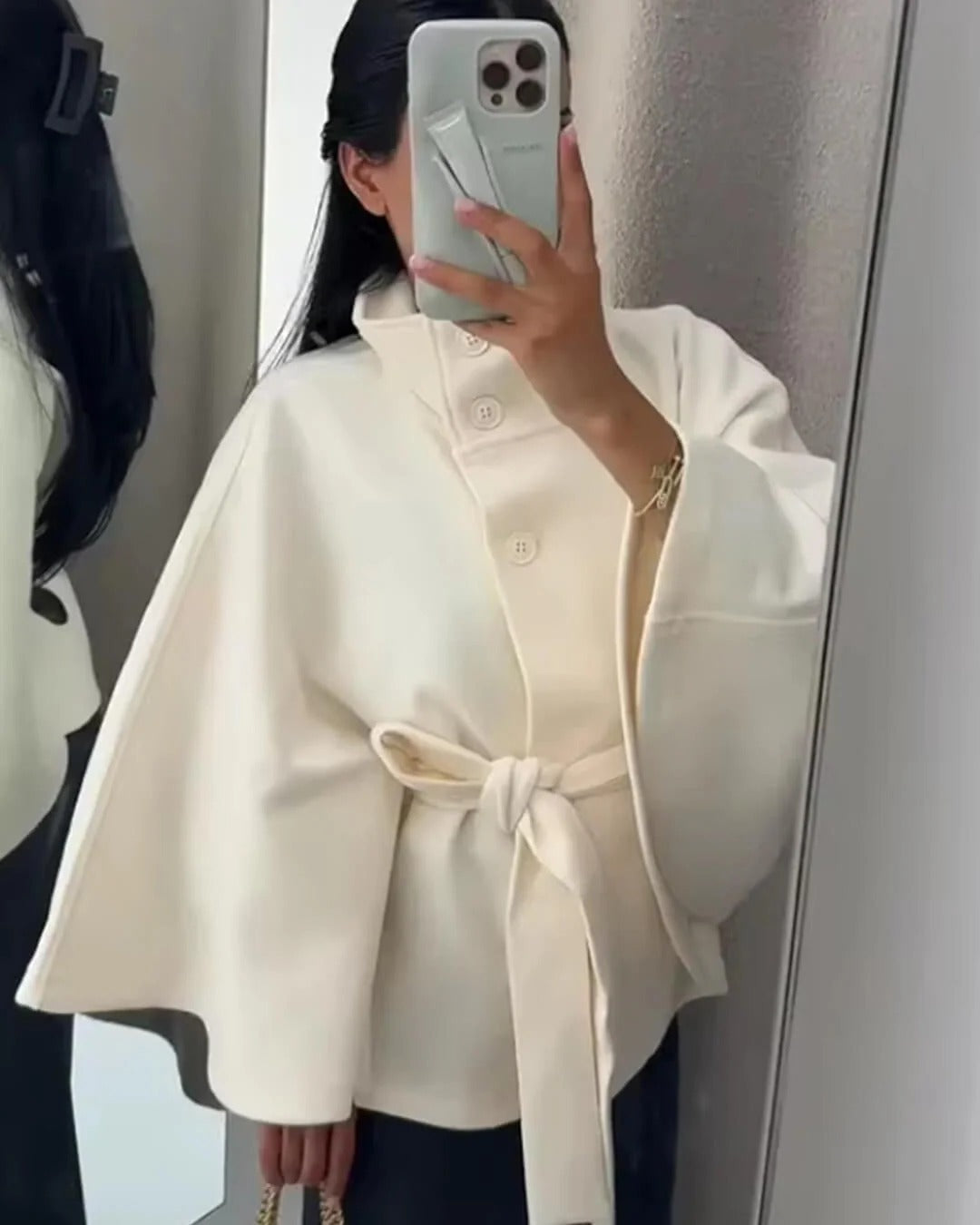 Stilla | Høj krave Bælte tasker Cape Jakke Knap Crossbody frakke