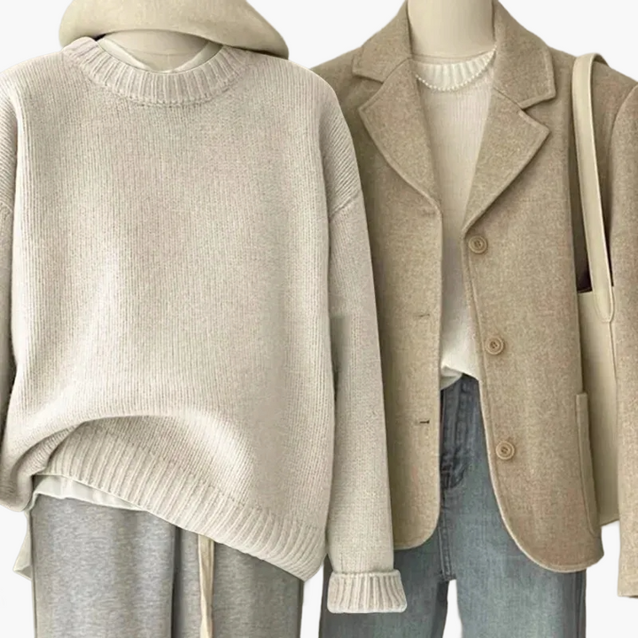 Stilla | Sæt Afslappet Retro Japansk Stil - Strikpullover og Blazer til Hverdag og Fritid