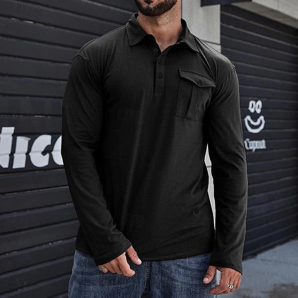 Stilla | Henley Pique Shirt Slim Fit Lange Ærmer Bomuld Brystlomme Ståkrave