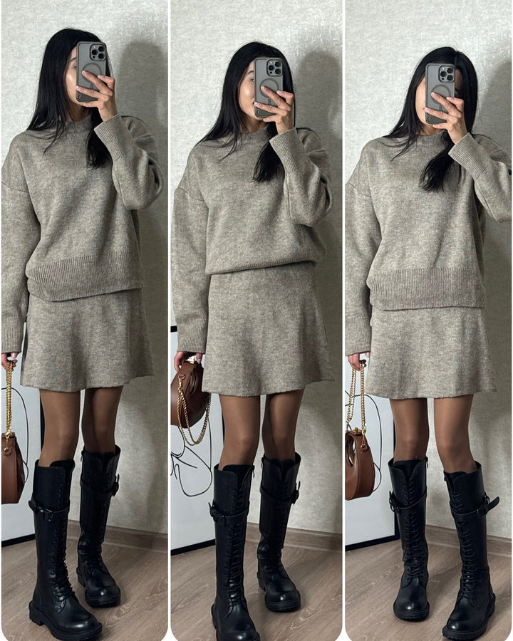 Stilla | Strik Sæt med Sweater og Miniskørt - Fashionabel Efterårs-Vinter Look, Afslappet & Elegant