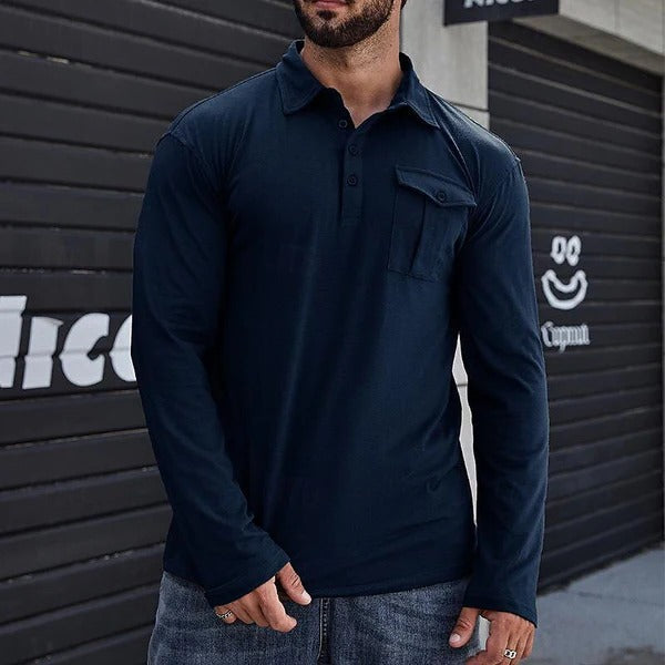 Stilla | Henley Pique Shirt Slim Fit Lange Ærmer Bomuld Brystlomme Ståkrave