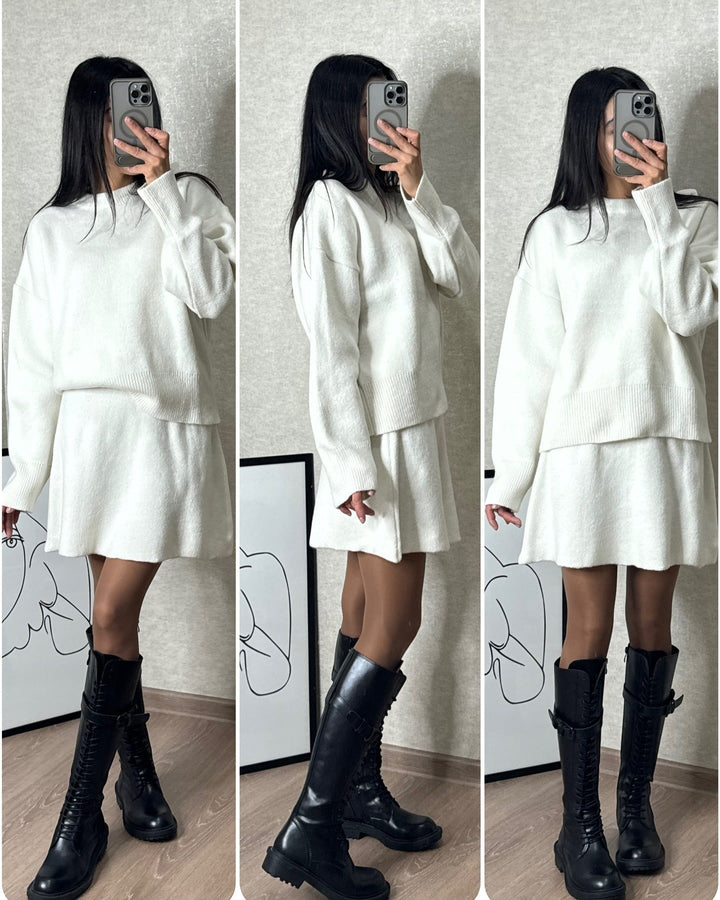 Stilla | Strik Sæt med Sweater og Miniskørt - Fashionabel Efterårs-Vinter Look, Afslappet & Elegant