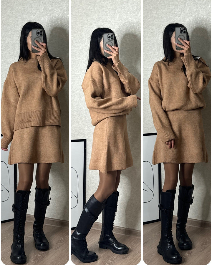 Stilla | Strik Sæt med Sweater og Miniskørt - Fashionabel Efterårs-Vinter Look, Afslappet & Elegant