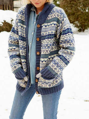 Stilla | Strikjakke Uldstrik Casual Pasform Skalkrag Fair Isle Mønster Trykknap Foran
