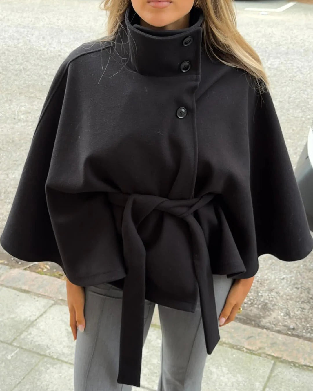 Stilla | Høj krave Bælte tasker Cape Jakke Knap Crossbody frakke
