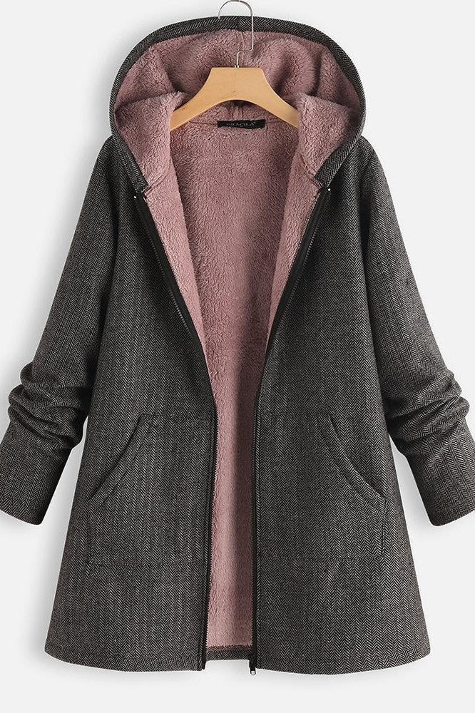 Stilla | Frakke med hætte Oversized fit fleece-futter lynlås mellemlang casual