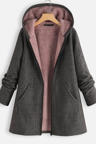 Stilla | Frakke med hætte Oversized fit fleece-futter lynlås mellemlang casual
