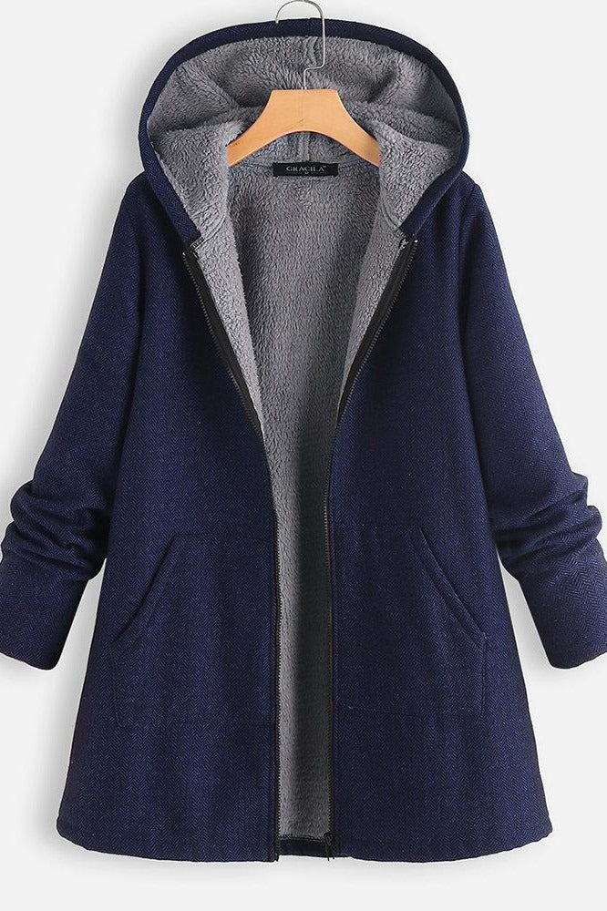 Stilla | Frakke med hætte Oversized fit fleece-futter lynlås mellemlang casual