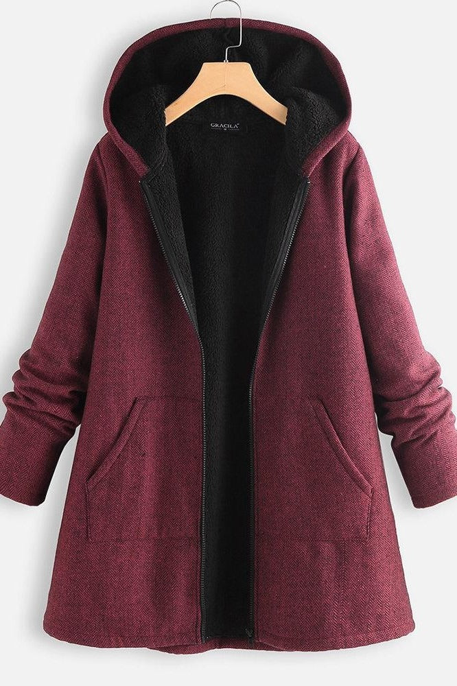 Stilla | Frakke med hætte Oversized fit fleece-futter lynlås mellemlang casual