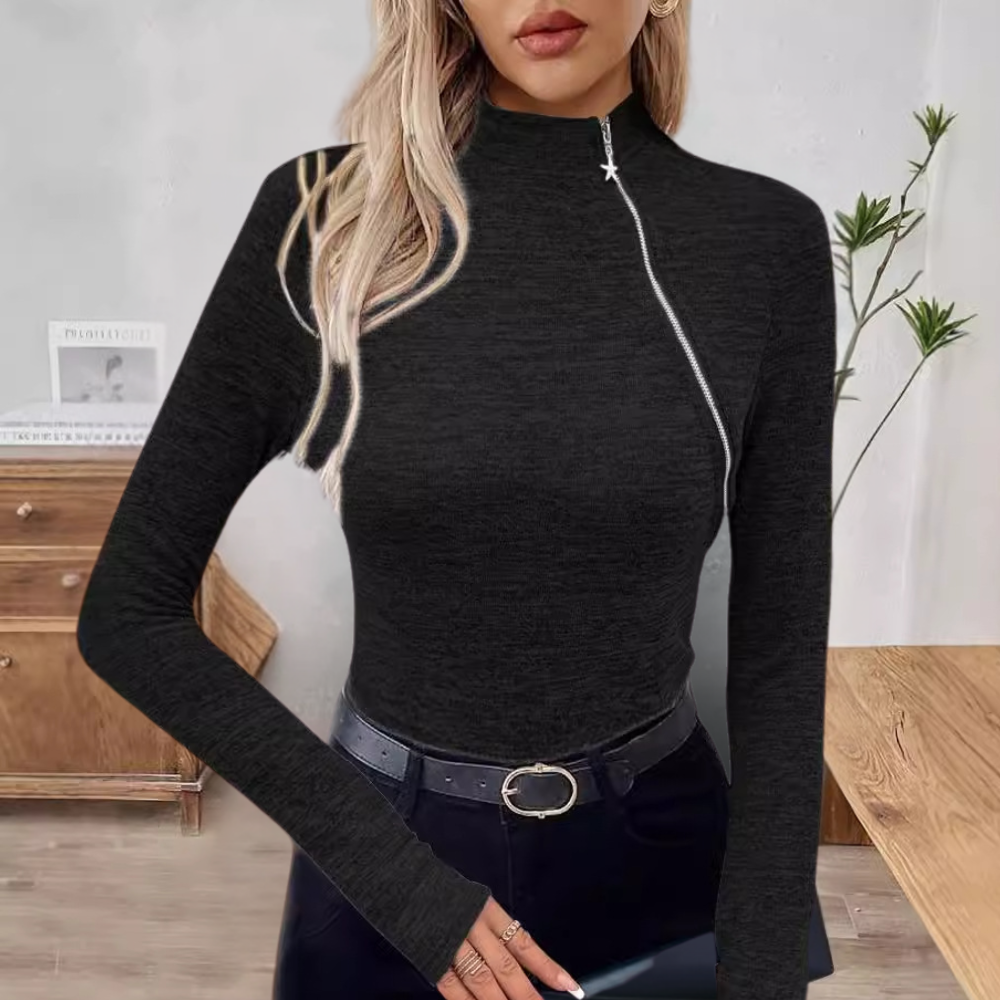 Stilla | Sofistikeret Skrå Lynlås Pullover til Kvinder
