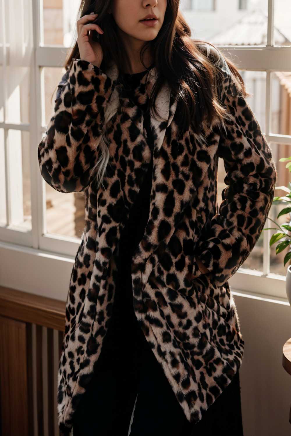 Stilla | Midi Frakke Med Revers, Leopardeprint og Lange Ærmer