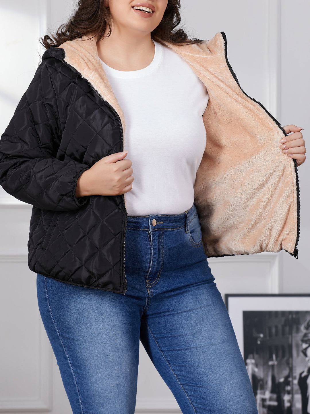 Stilla | Plus Size Farvekombination Quilted Jakke med Hætte