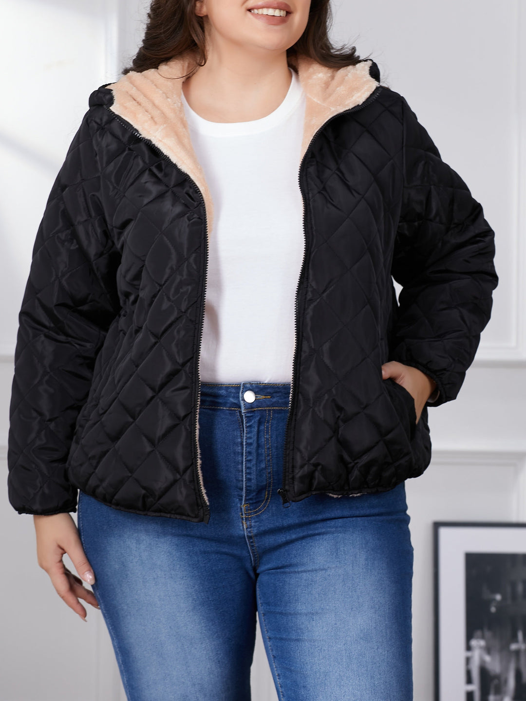 Stilla | Plus Size Farvekombination Quilted Jakke med Hætte