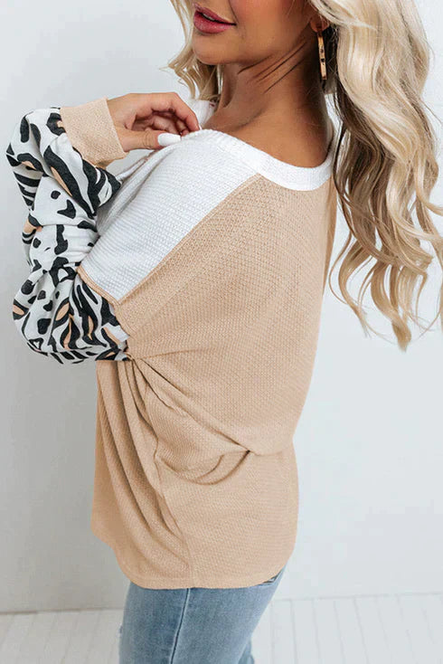 Stilla | Patchwork Vaffelstrikket Top Med Leopardærmer