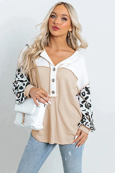 Stilla | Patchwork Vaffelstrikket Top Med Leopardærmer