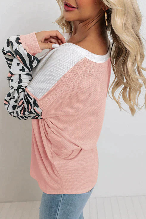Stilla | Patchwork Vaffelstrikket Top Med Leopardærmer