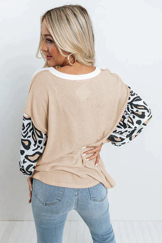 Stilla | Patchwork Vaffelstrikket Top Med Leopardærmer