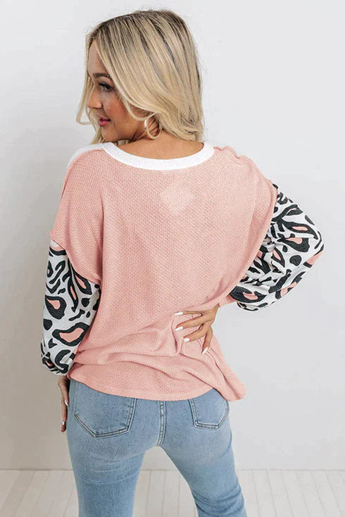 Stilla | Patchwork Vaffelstrikket Top Med Leopardærmer