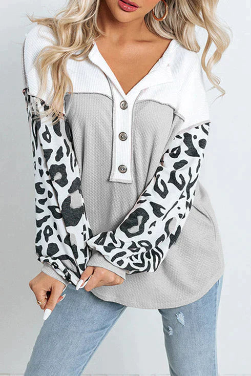 Stilla | Patchwork Vaffelstrikket Top Med Leopardærmer
