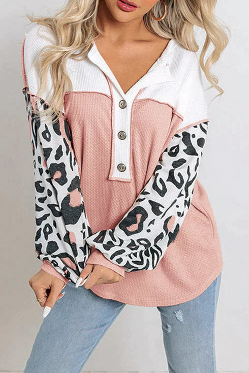Stilla | Patchwork Vaffelstrikket Top Med Leopardærmer