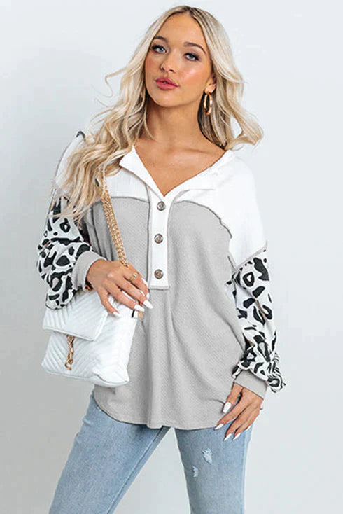 Stilla | Patchwork Vaffelstrikket Top Med Leopardærmer