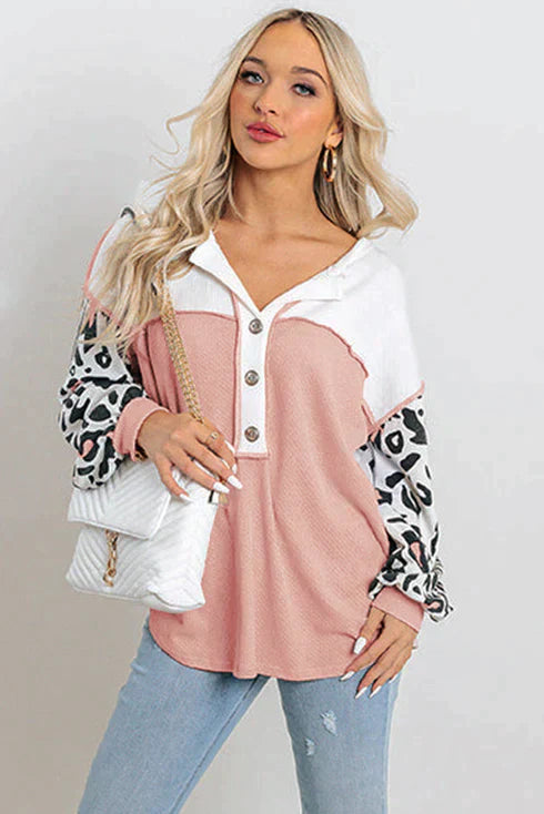 Stilla | Patchwork Vaffelstrikket Top Med Leopardærmer
