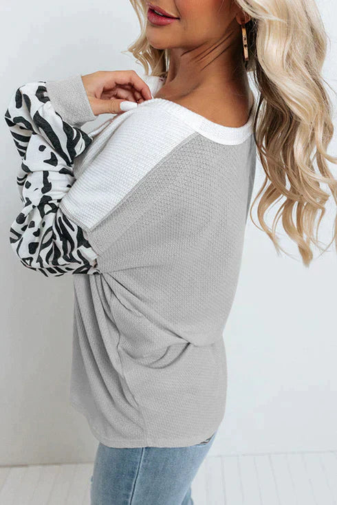 Stilla | Patchwork Vaffelstrikket Top Med Leopardærmer