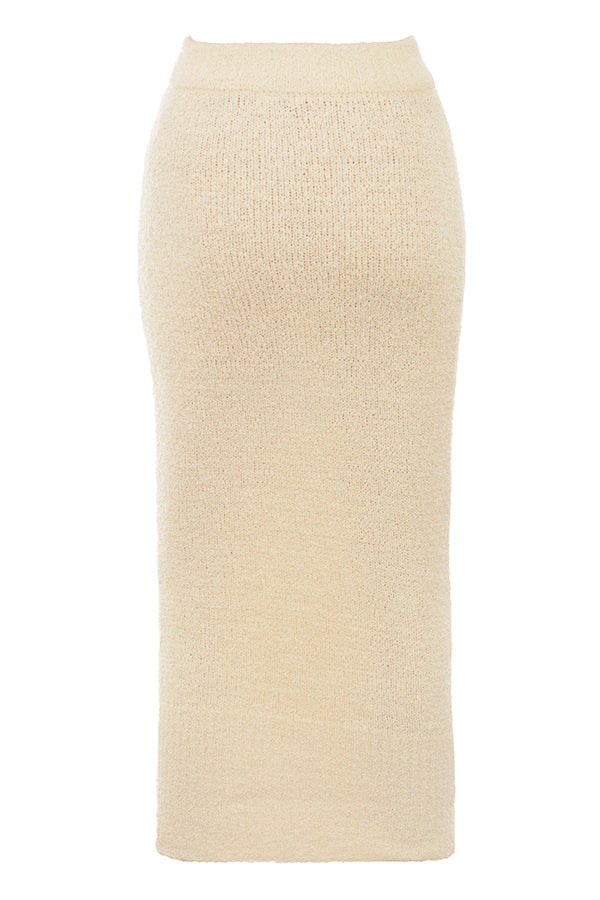 Stilla | Cremefarvet Blød Boucléstrikket Cropped Trøje Med Midi Nederdel