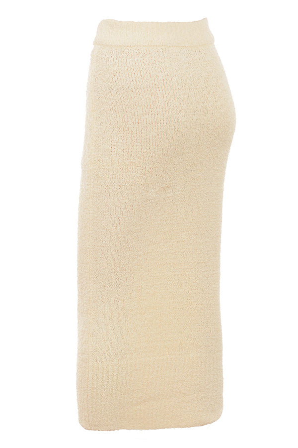 Stilla | Cremefarvet Blød Boucléstrikket Cropped Trøje Med Midi Nederdel