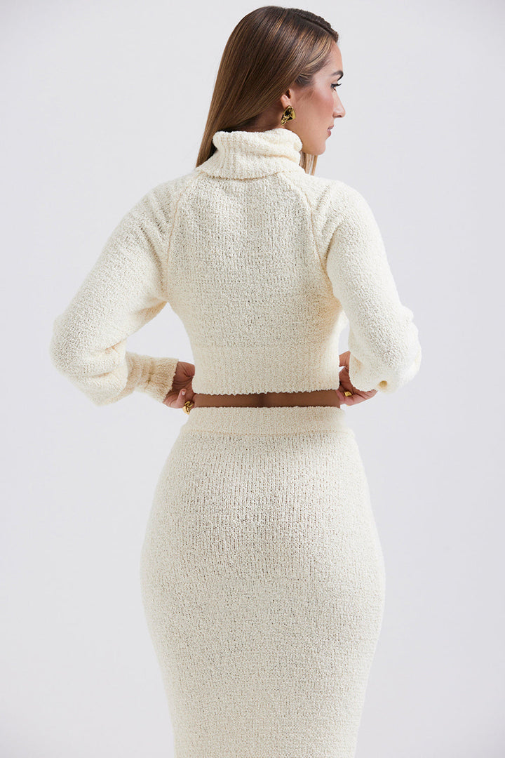 Stilla | Cremefarvet Blød Boucléstrikket Cropped Trøje Med Midi Nederdel