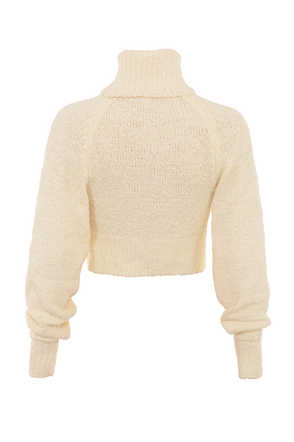 Stilla | Cremefarvet Blød Boucléstrikket Cropped Trøje Med Midi Nederdel