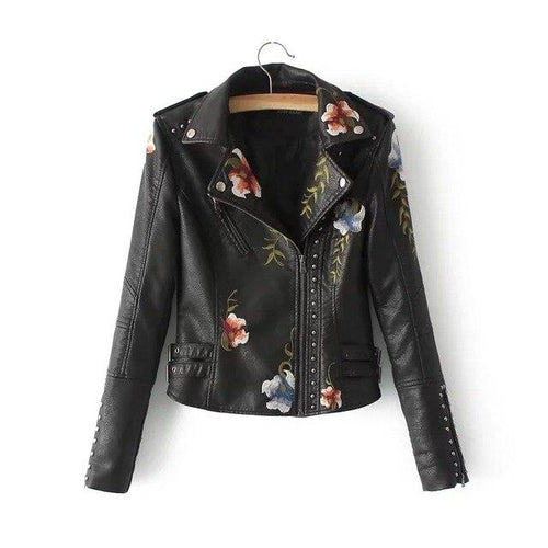 Stilla | Læderjakke Kort Pasform Floralbroderi Nitter Biker Stil
