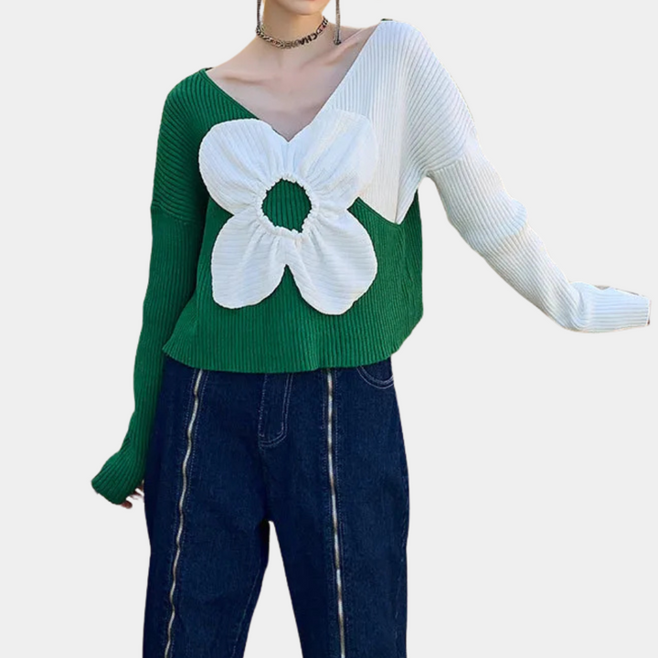 Stilla | Blomstret Sweater med V-Udskæring til Dame