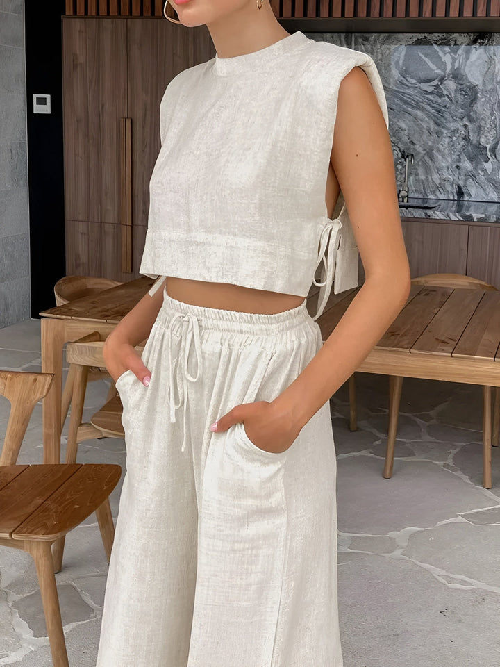 Stilla | Elegant To delt Sommer Linned Outfit til Damer (kort top + bukser)