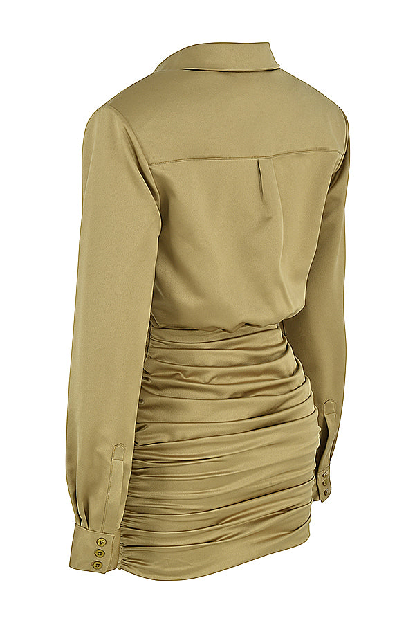 Stilla | Oliven Satin Skjortekjole
