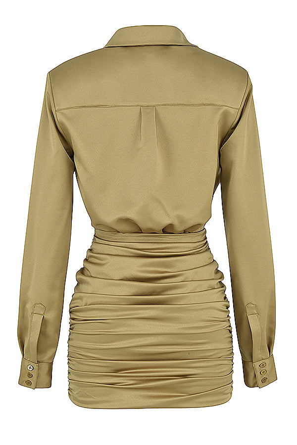 Stilla | Oliven Satin Skjortekjole
