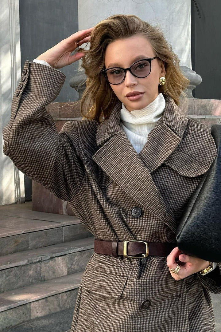 Stilla | Houndstooth Mønster Lang Frakke