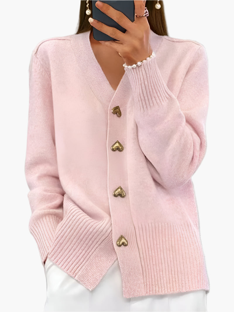 Stilla | Cardigan med Hjerteknapper - Elegant Strikpullover til Hverdag og Kontor