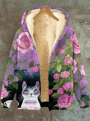 Stilla | Fleece-hoodie med lynlås lomme til damer, blomster- og kattemønster