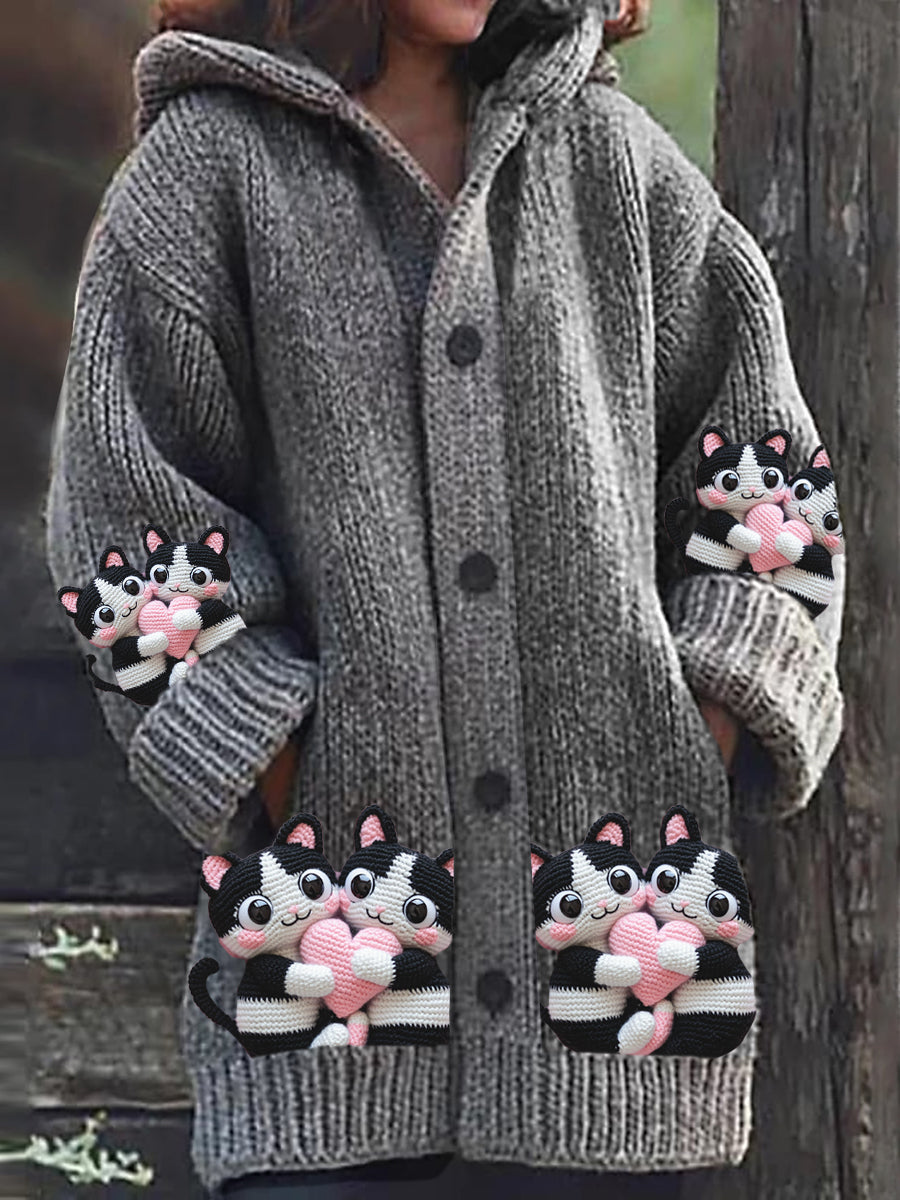 Stilla | Cardigan Sweat Med Lange Ærmer, Retro-kattekunstknap