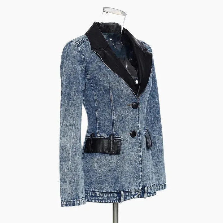 Stilla | Streetwear Læderkrave Denim Blazer Kvinder - Casual - Ensfarvet