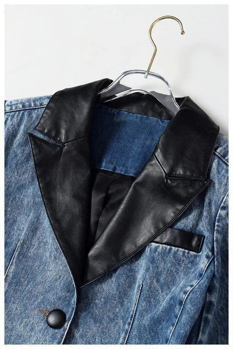 Stilla | Streetwear Læderkrave Denim Blazer Kvinder - Casual - Ensfarvet