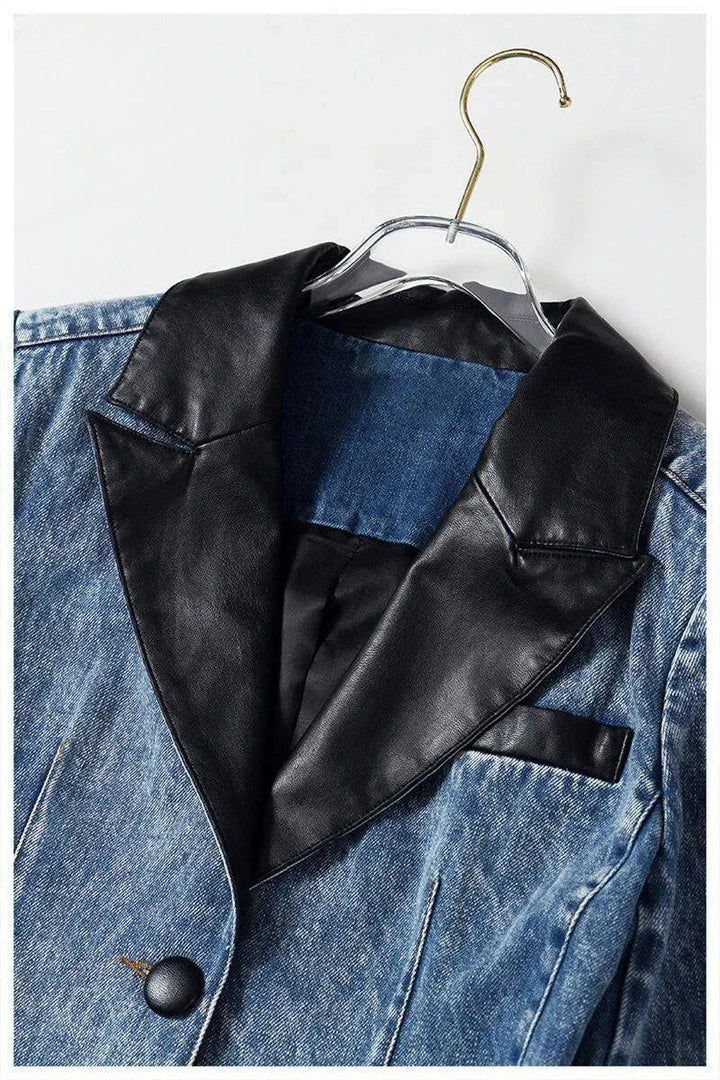 Stilla | Streetwear Læderkrave Denim Blazer Kvinder - Casual - Ensfarvet