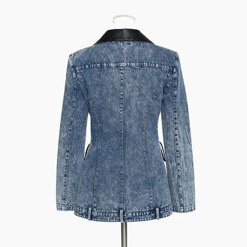 Stilla | Streetwear Læderkrave Denim Blazer Kvinder - Casual - Ensfarvet