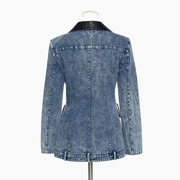 Stilla | Streetwear Læderkrave Denim Blazer Kvinder - Casual - Ensfarvet