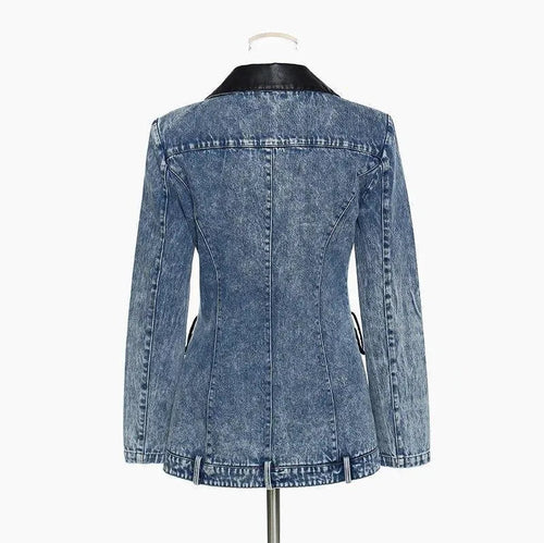 Stilla | Streetwear Læderkrave Denim Blazer Kvinder - Casual - Ensfarvet