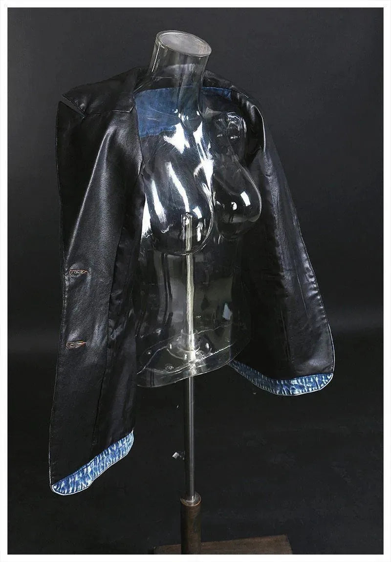 Stilla | Streetwear Læderkrave Denim Blazer Kvinder - Casual - Ensfarvet