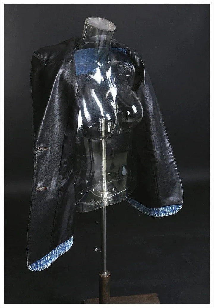 Stilla | Streetwear Læderkrave Denim Blazer Kvinder - Casual - Ensfarvet