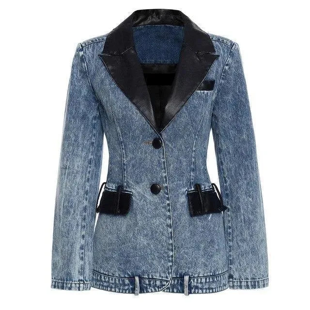 Stilla | Streetwear Læderkrave Denim Blazer Kvinder - Casual - Ensfarvet